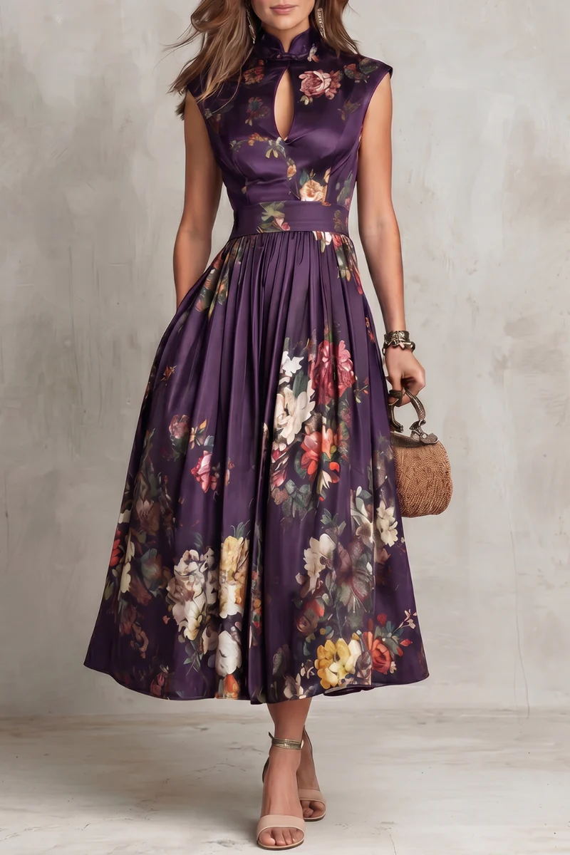 Mary-Vestido midi de satén plisado con estampado floral y cuello en forma de ojo de cerradura negro