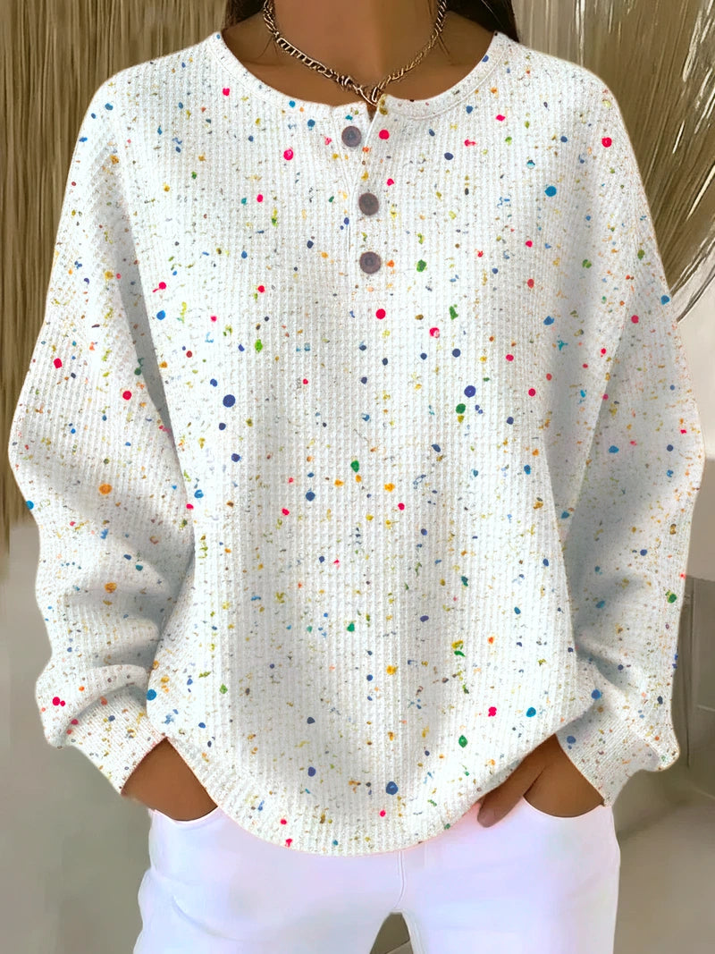 Women's Colorful Paint Splatter Button Front Casual Waffle Sweatshirt RSWF2803