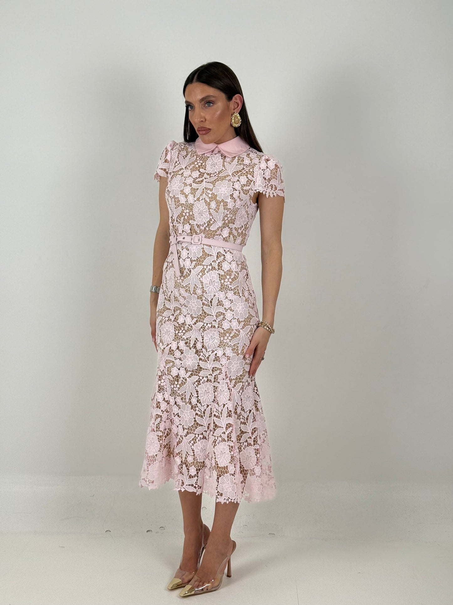 Ale-vestido de largo medio de encaje con cuello tipo camisa y cinturón en la cintura - colección chic