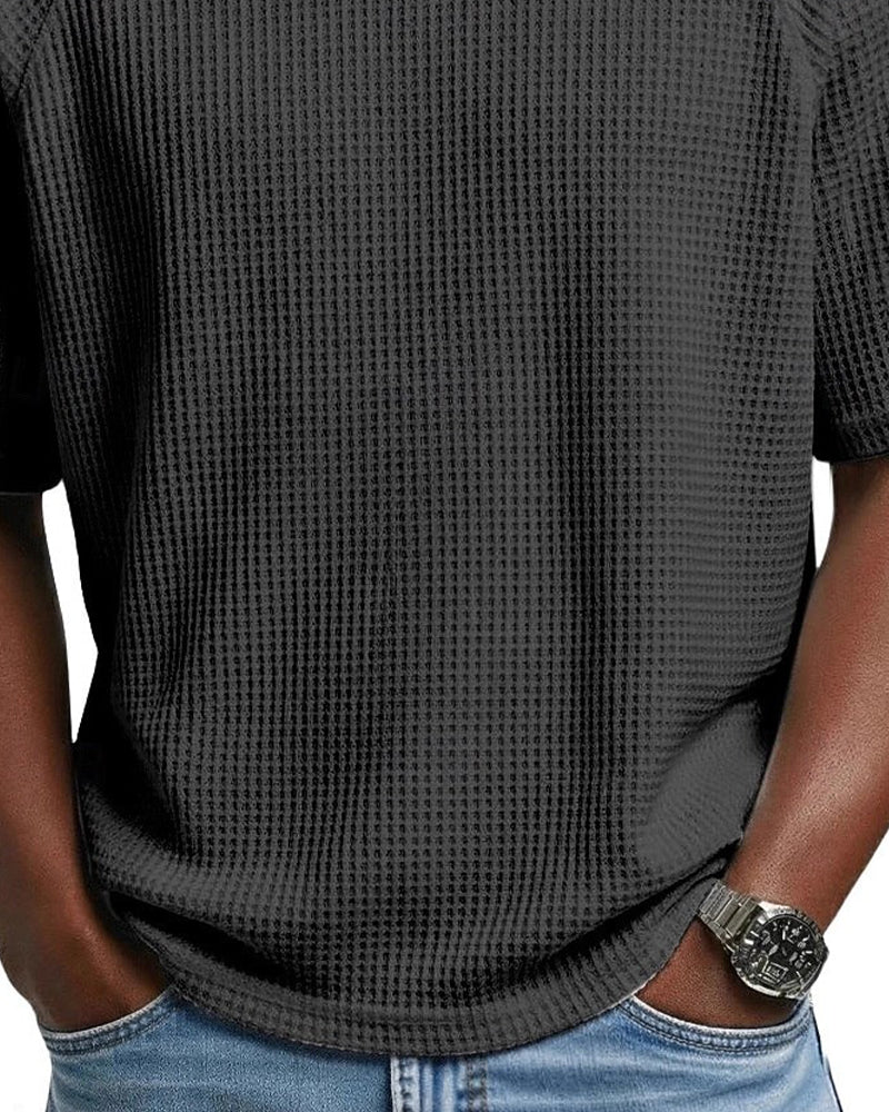 Pedro- Camiseta de cuello en V con textura acanalada para hombre, camiseta informal de manga corta lisa