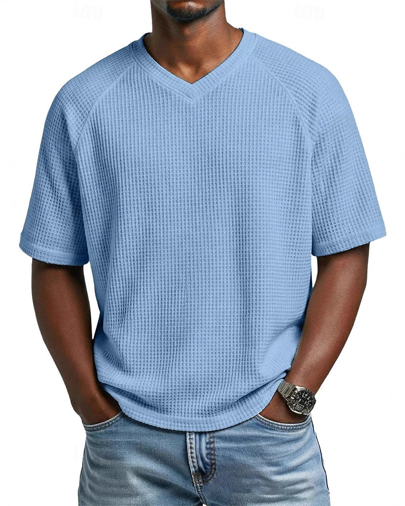 Pedro- Camiseta de cuello en V con textura acanalada para hombre, camiseta informal de manga corta lisa