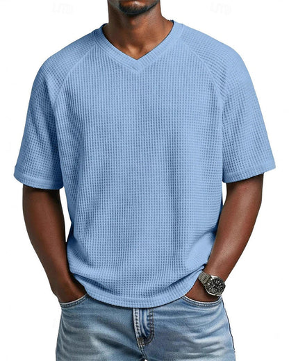 Pedro- Camiseta de cuello en V con textura acanalada para hombre, camiseta informal de manga corta lisa