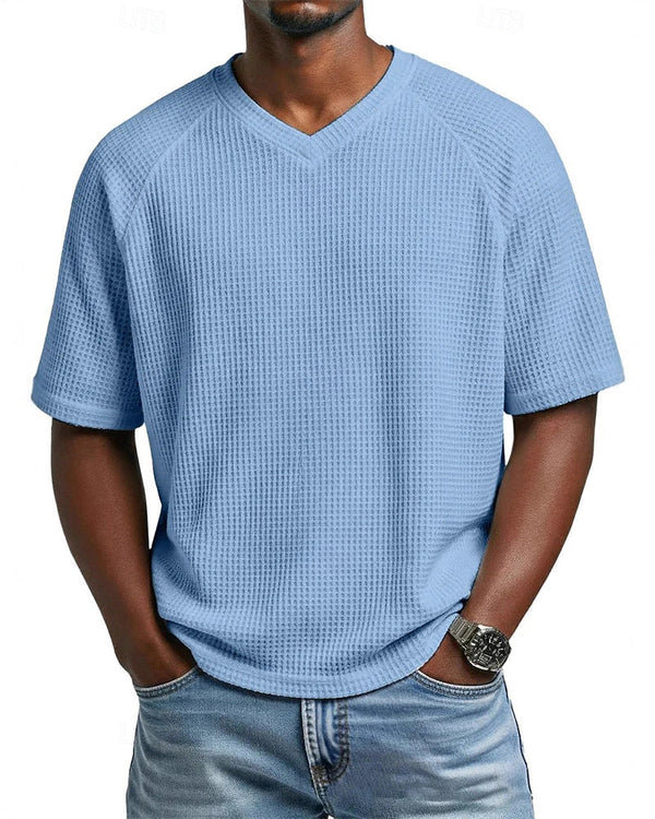 Pedro- Camiseta de cuello en V con textura acanalada para hombre, camiseta informal de manga corta lisa