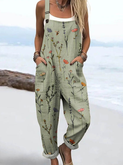 Mono de pernera ancha en algodón y lino con estampado floral artístico