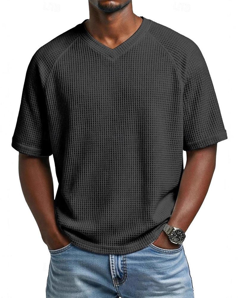 Pedro- Camiseta de cuello en V con textura acanalada para hombre, camiseta informal de manga corta lisa