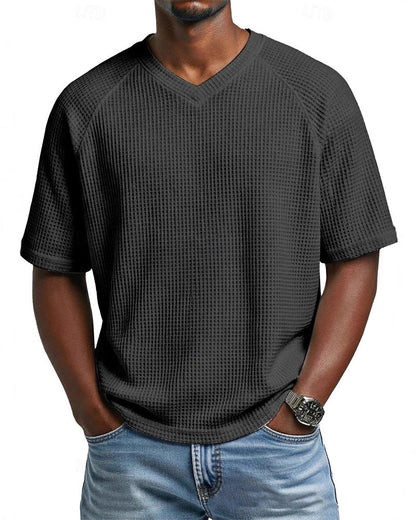 Pedro- Camiseta de cuello en V con textura acanalada para hombre, camiseta informal de manga corta lisa