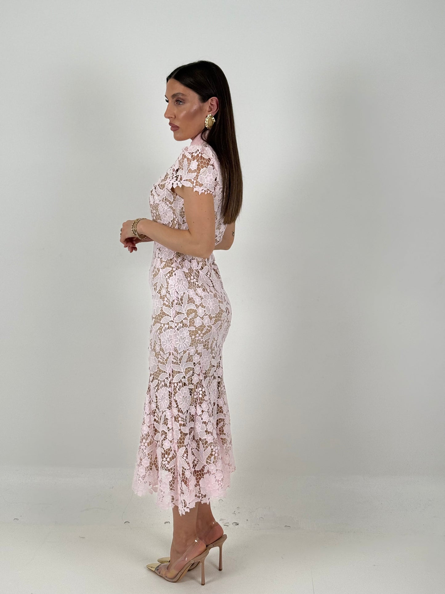 Ale-vestido de largo medio de encaje con cuello tipo camisa y cinturón en la cintura - colección chic