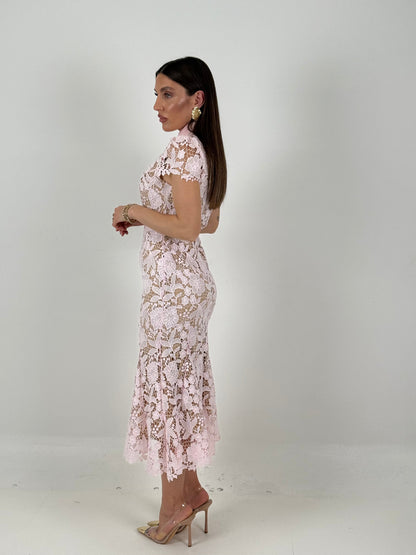 Ale-vestido de largo medio de encaje con cuello tipo camisa y cinturón en la cintura - colección chic