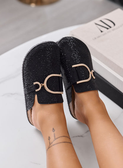 GINA - Zapatillas tipo mule negras para mujer con pedrería y hebilla joya