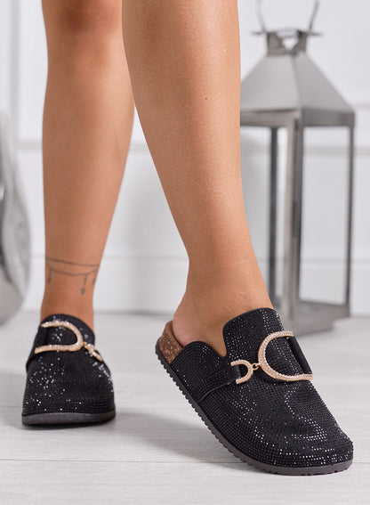 GINA - Zapatillas tipo mule negras para mujer con pedrería y hebilla joya