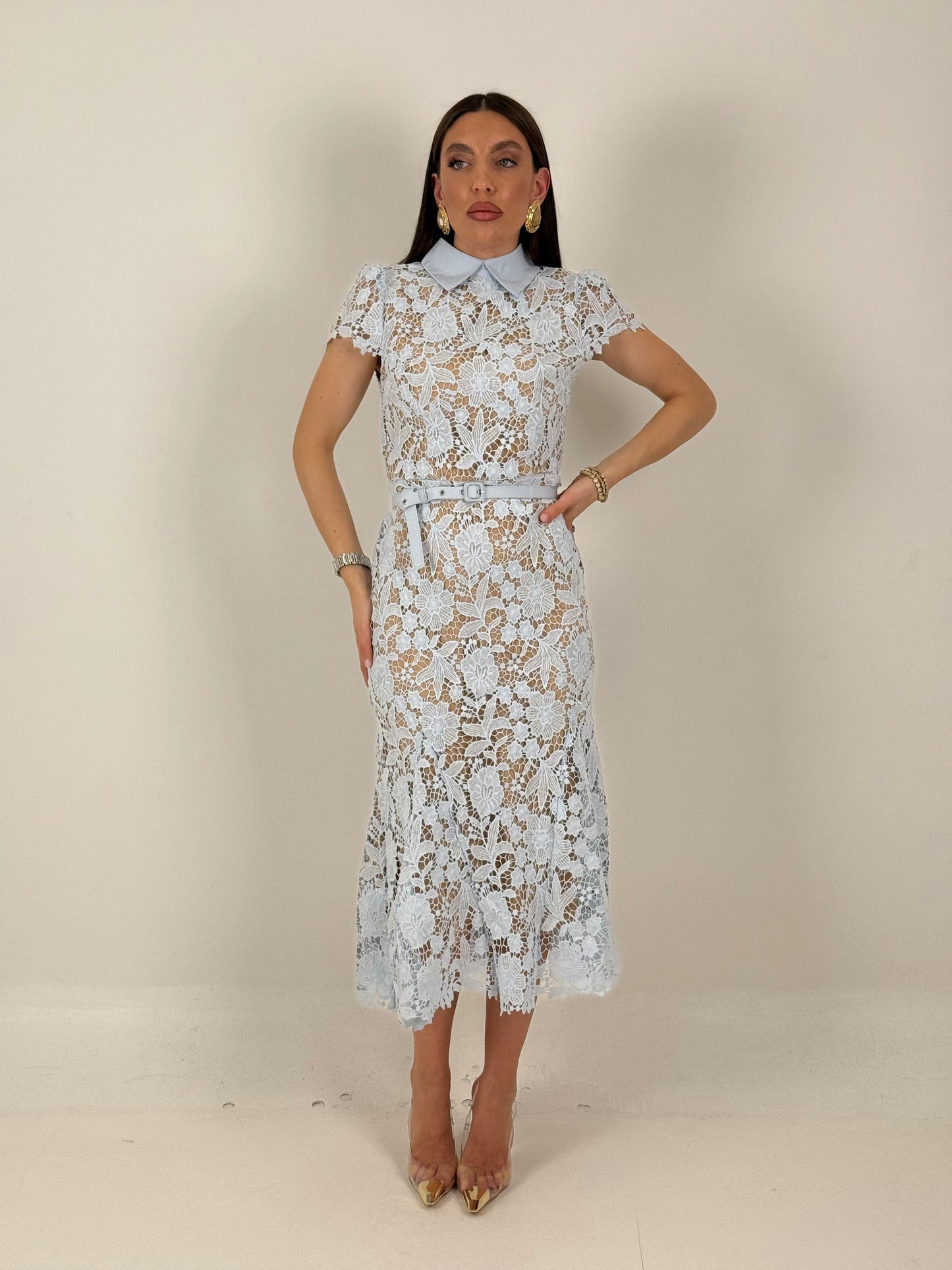 Ale-vestido de largo medio de encaje con cuello tipo camisa y cinturón en la cintura - colección chic