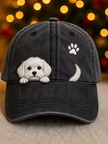 Gorra Unisex con Perro Maltés y Huellas