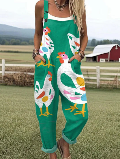 Mono informal con estampado de gallinas y bolsillos