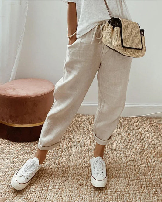 Lia-Pantalones de lino transpirables, de estilo casual y elegante