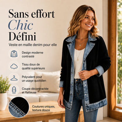 Manteau en maille côtelée élégant pour femme avec empiècements en jean