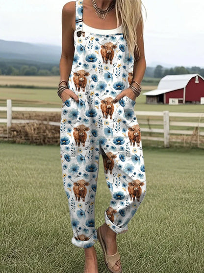 Mono de pernera ancha en algodón y lino con estampado de vacas y flores