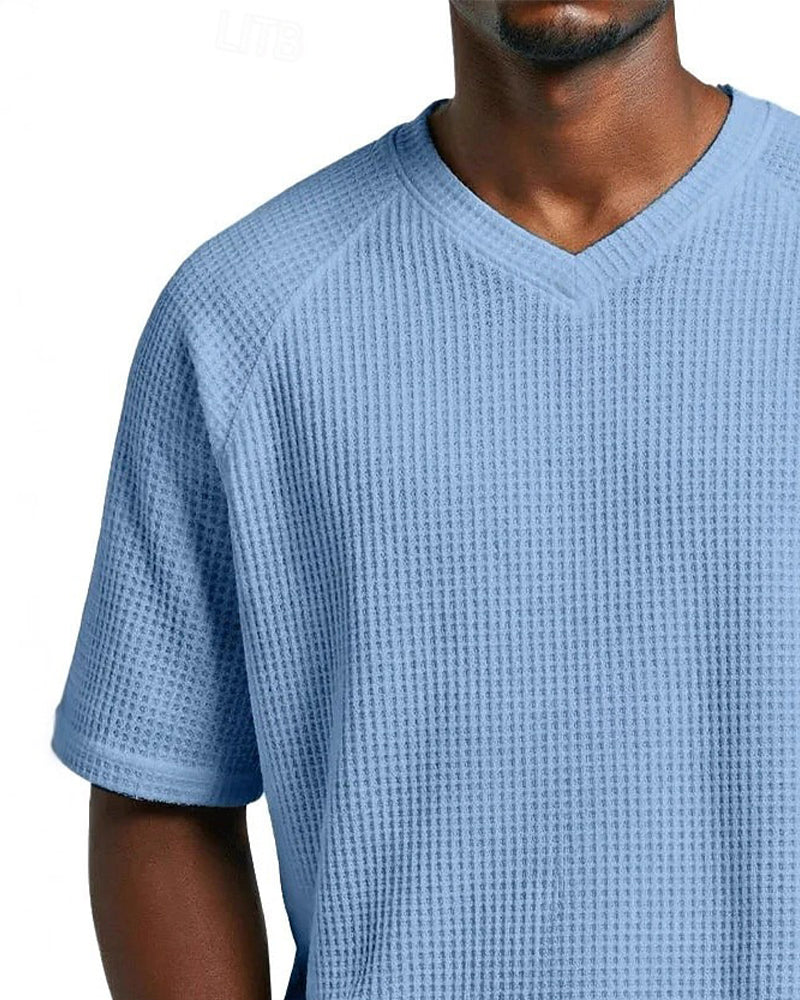 Pedro- Camiseta de cuello en V con textura acanalada para hombre, camiseta informal de manga corta lisa
