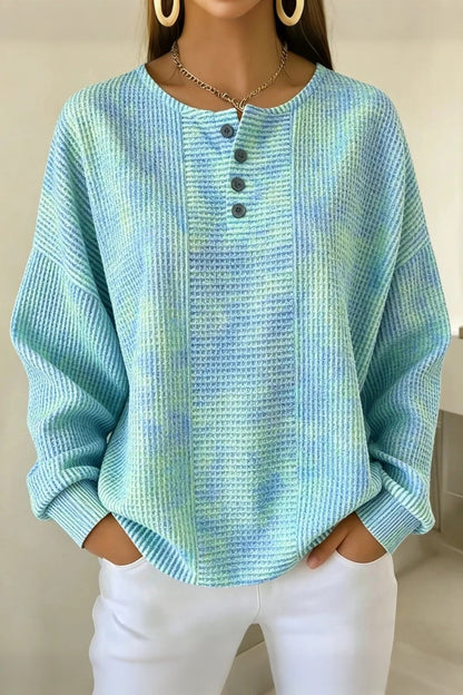 Women's Blue Green Gradient Button Front Casual Waffle Sweatshirt RSWF2802