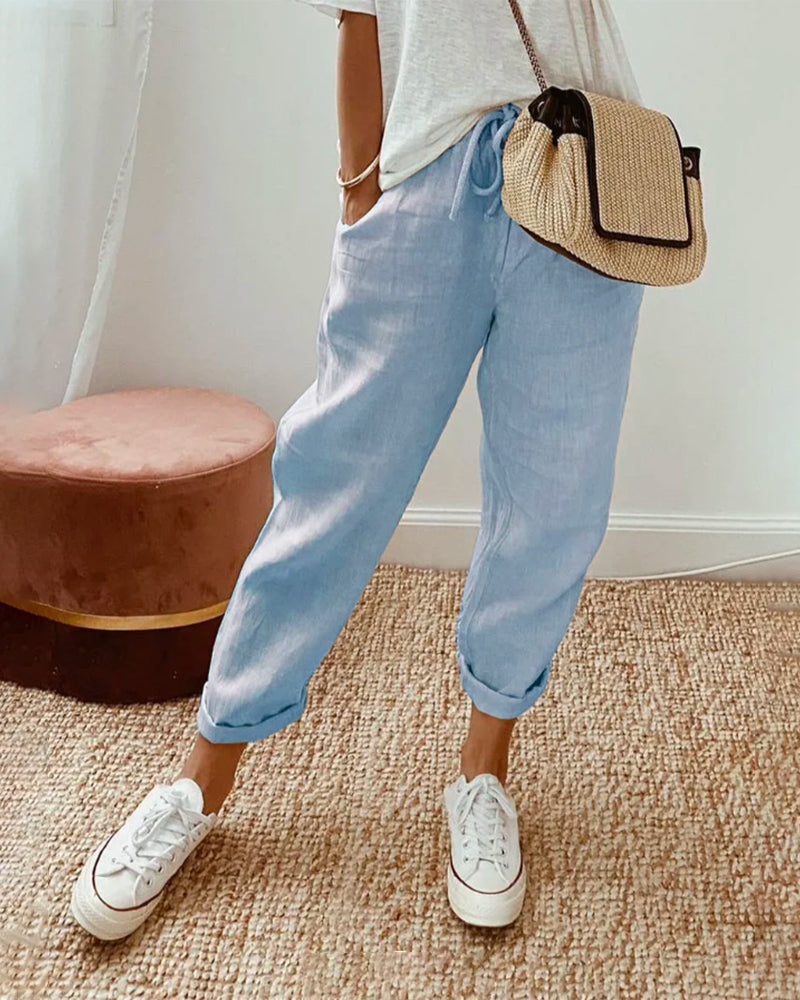 Lia-Pantalones de lino transpirables, de estilo casual