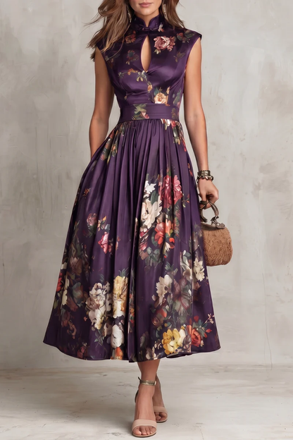 Mary-Vestido midi de satén plisado con estampado floral y cuello en forma de ojo de cerradura negro