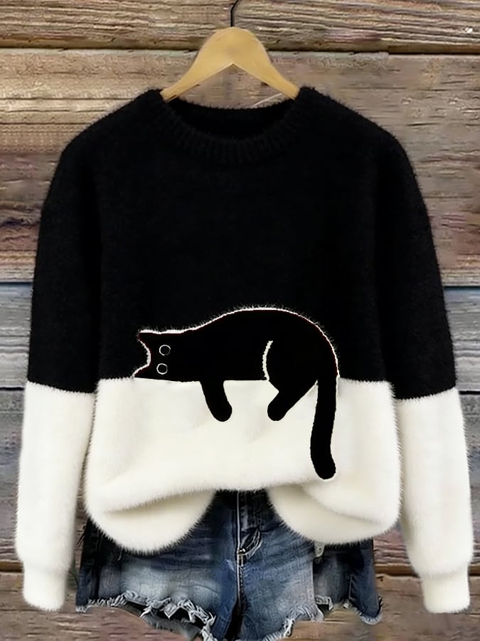 Cai–Suéter casual con estampado de gato