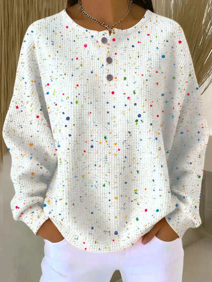 Women's Colorful Paint Splatter Button Front Casual Waffle Sweatshirt RSWF2803