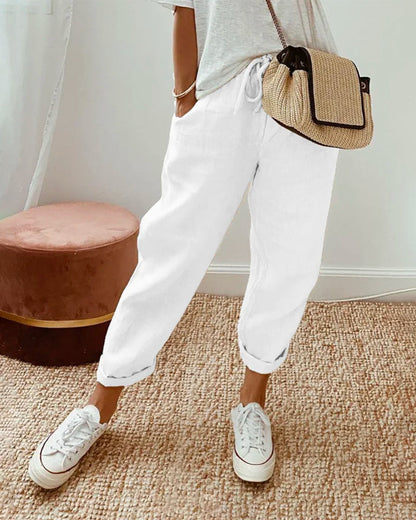 Lia-Pantalones de lino transpirables, de estilo casual
