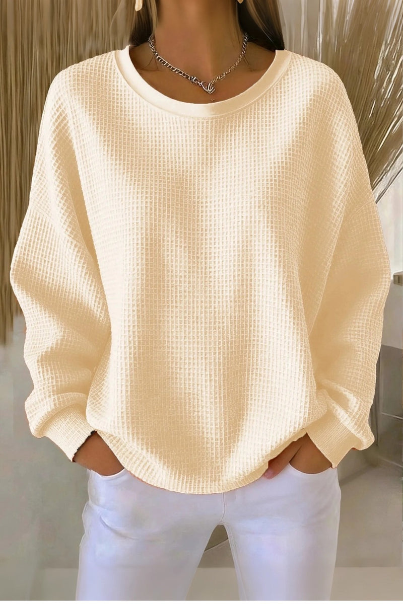 Women's Solid Cream Round Neck Casual Waffle Sweatshirt RSWF2804