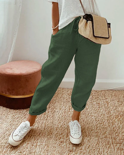Lia-Pantalones de lino transpirables, de estilo casual