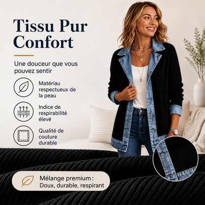 Manteau en maille côtelée élégant pour femme avec empiècements en jean