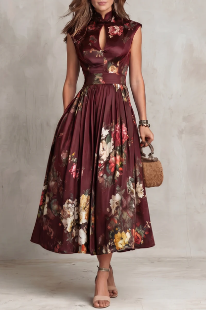 Mary-Vestido midi de satén plisado con estampado floral y cuello en forma de ojo de cerradura negro