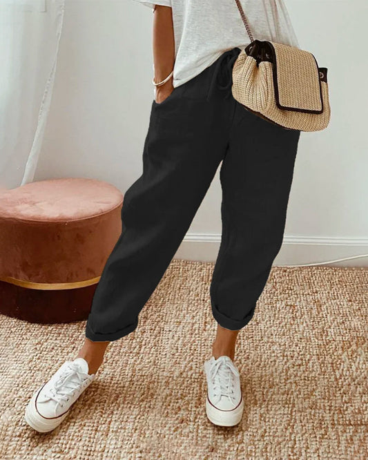 Lia-Pantalones de lino transpirables, de estilo casual y elegante