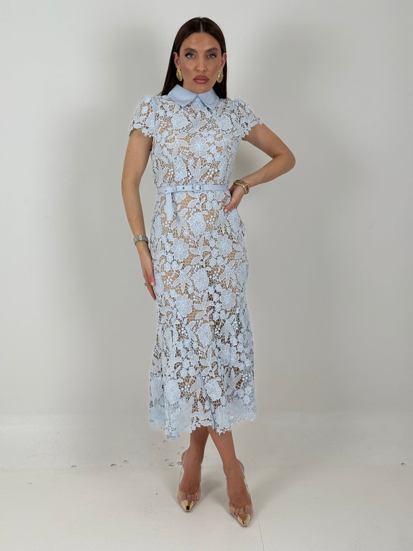 Ale-vestido de largo medio de encaje con cuello tipo camisa y cinturón en la cintura - colección chic