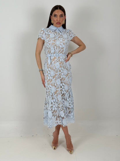 Ale-vestido de largo medio de encaje con cuello tipo camisa y cinturón en la cintura - colección chic