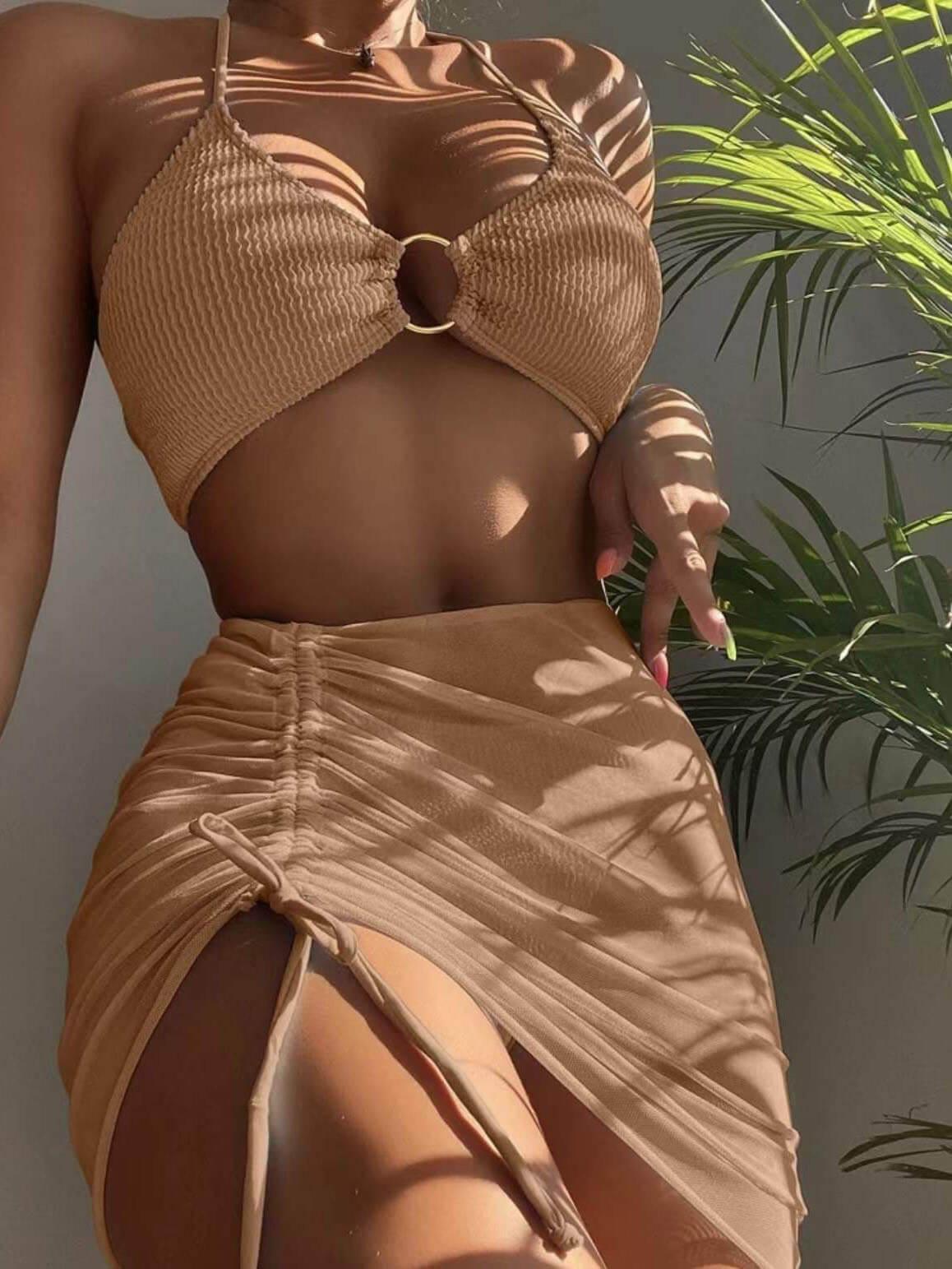 Matilda-Bikini de tres piezas con cuello halter y diseño sexy en color liso