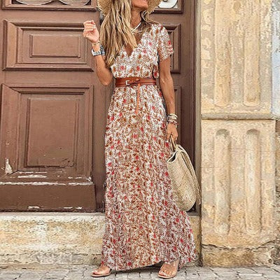 Justine-Vestido largo bohemio fluido con cinturón