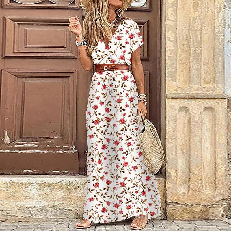 Justine-Vestido largo bohemio fluido con cinturón