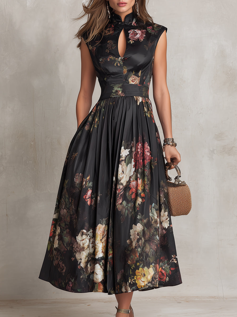 Mary-Vestido midi de satén plisado con estampado floral y cuello en forma de ojo de cerradura negro
