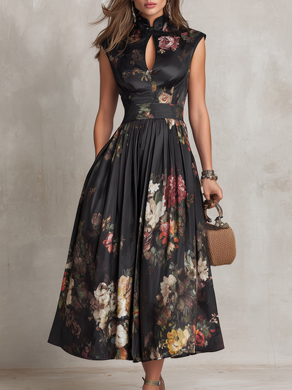 Mary-Vestido midi de satén plisado con estampado floral y cuello en forma de ojo de cerradura negro