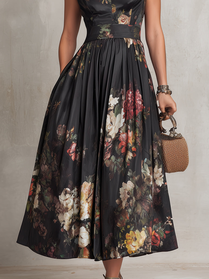 Mary-Vestido midi de satén plisado con estampado floral y cuello en forma de ojo de cerradura negro