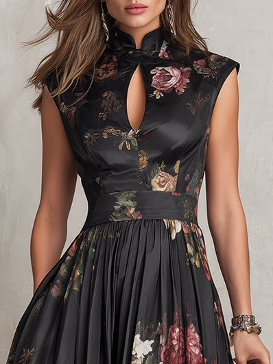 Mary-Vestido midi de satén plisado con estampado floral y cuello en forma de ojo de cerradura negro