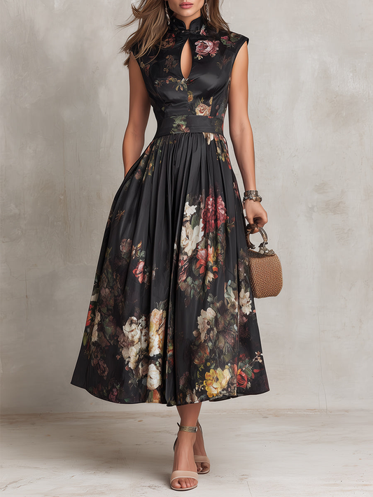 Mary-Vestido midi de satén plisado con estampado floral y cuello en forma de ojo de cerradura negro