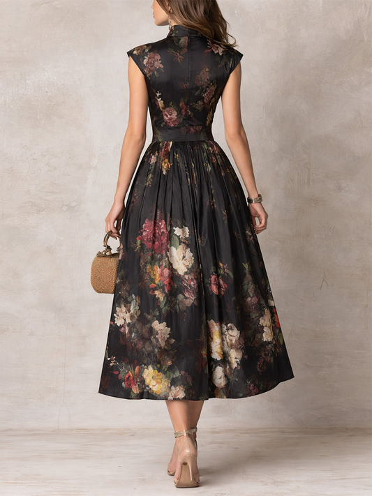 Mary-Vestido midi de satén plisado con estampado floral y cuello en forma de ojo de cerradura negro