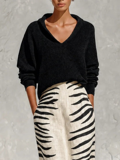 Colette | Conjunto de jersey cuello pico y falda midi cebra