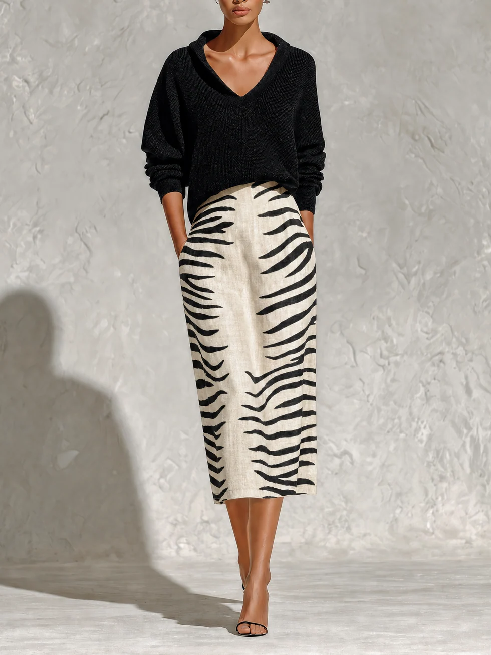 Colette | Conjunto de jersey cuello pico y falda midi cebra