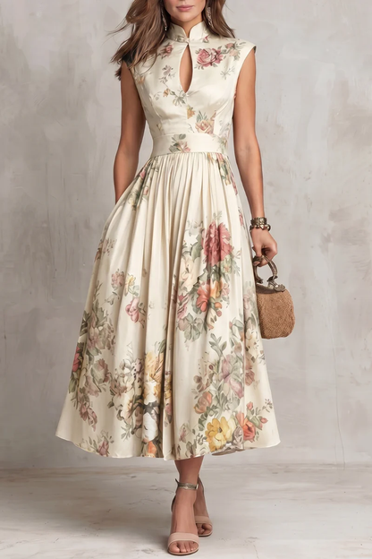 Mary-Vestido midi de satén plisado con estampado floral y cuello en forma de ojo de cerradura negro