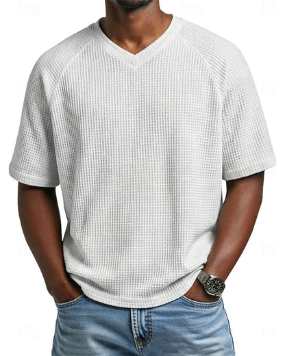 Pedro- Camiseta de cuello en V con textura acanalada para hombre, camiseta informal de manga corta lisa