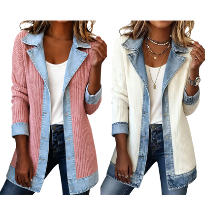 Manteau en maille côtelée élégant pour femme avec empiècements en jean
