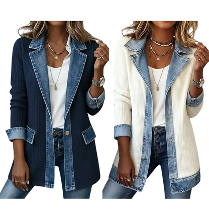 Manteau en maille côtelée élégant pour femme avec empiècements en jean
