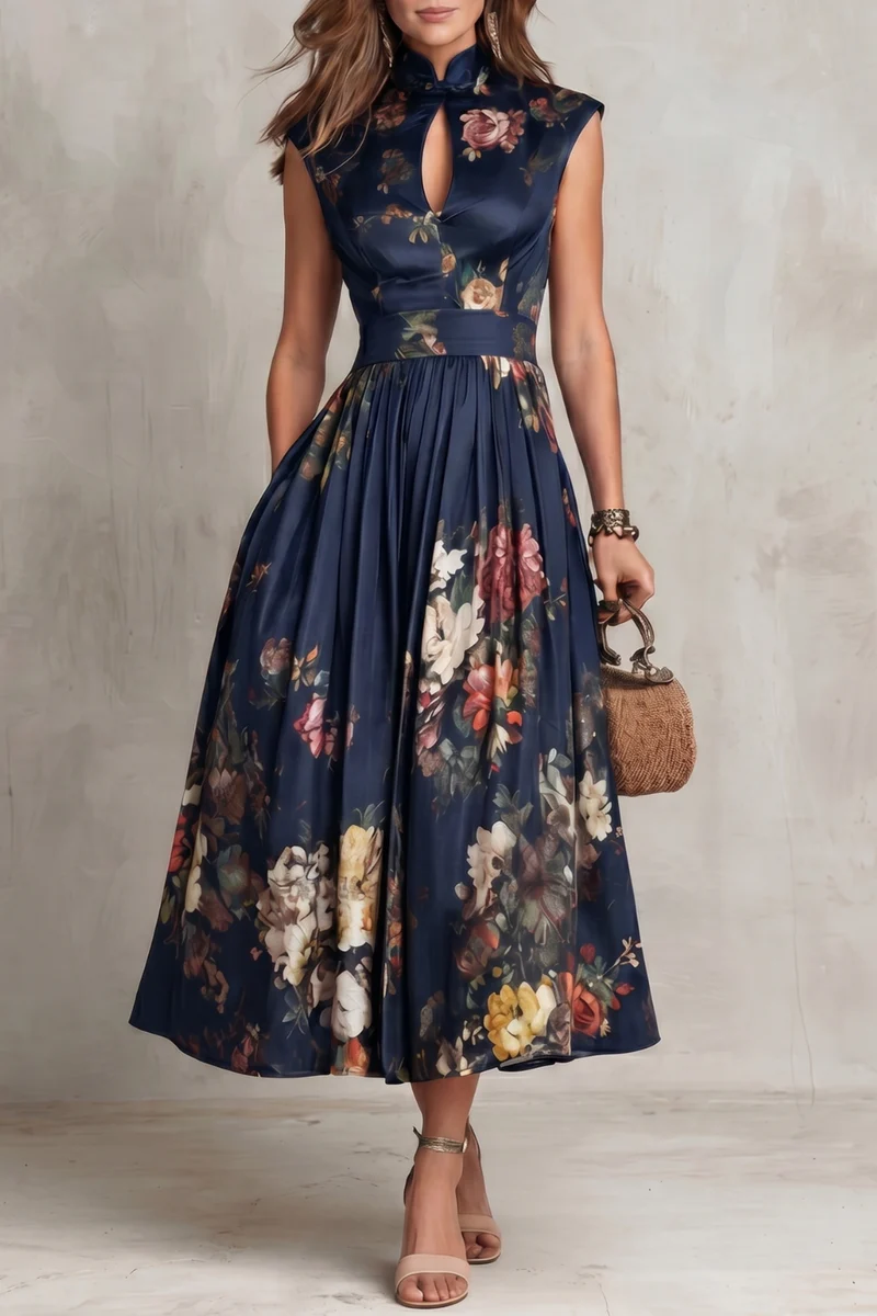 Mary-Vestido midi de satén plisado con estampado floral y cuello en forma de ojo de cerradura negro